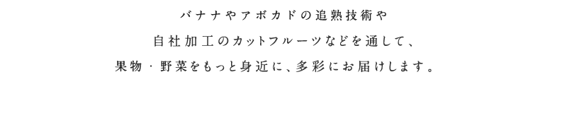 野菜・果物の輸入・流通はもちろん、バナナやアボカドをはじめとした追熟の技術や自社加工のカットフルーツなどを通して、
									フルーツをもっと身近に、多彩にお届けします。