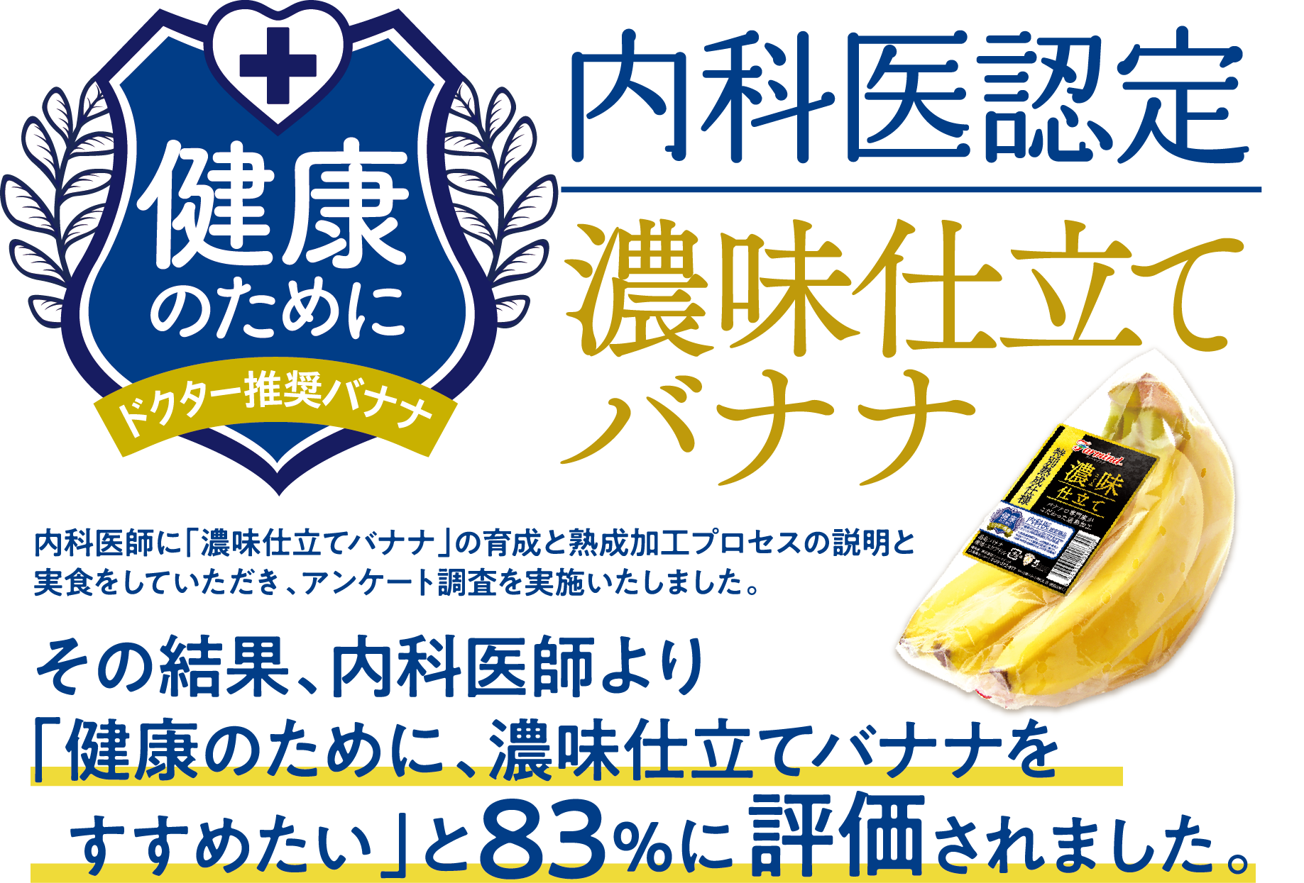 内科医認定濃味仕立てバナナ 内科医師に「濃味仕立てバナナ」の育成と熟成加工プロセスの説明と実食をしていただき、アンケート調査を実施いたしました。その結果、内科医師より「健康のために、濃味仕立てバナナをすすめたい」と83％に評価されました。