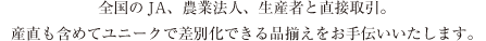 全国のJA、農業法人、生産者と直接取引。産直も含めてユニークで差別化できる品揃えをお手伝いいたします。